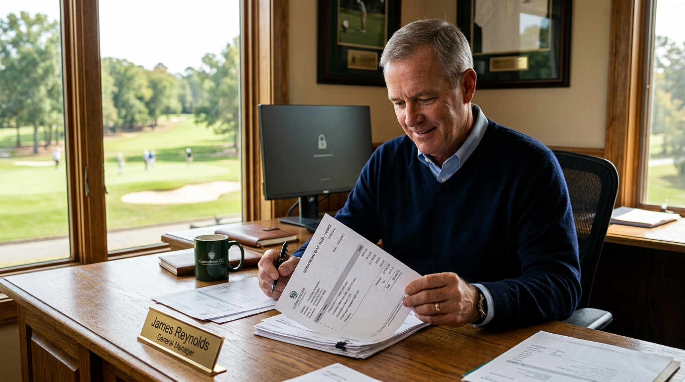Golf club operations manager reviewing invoices