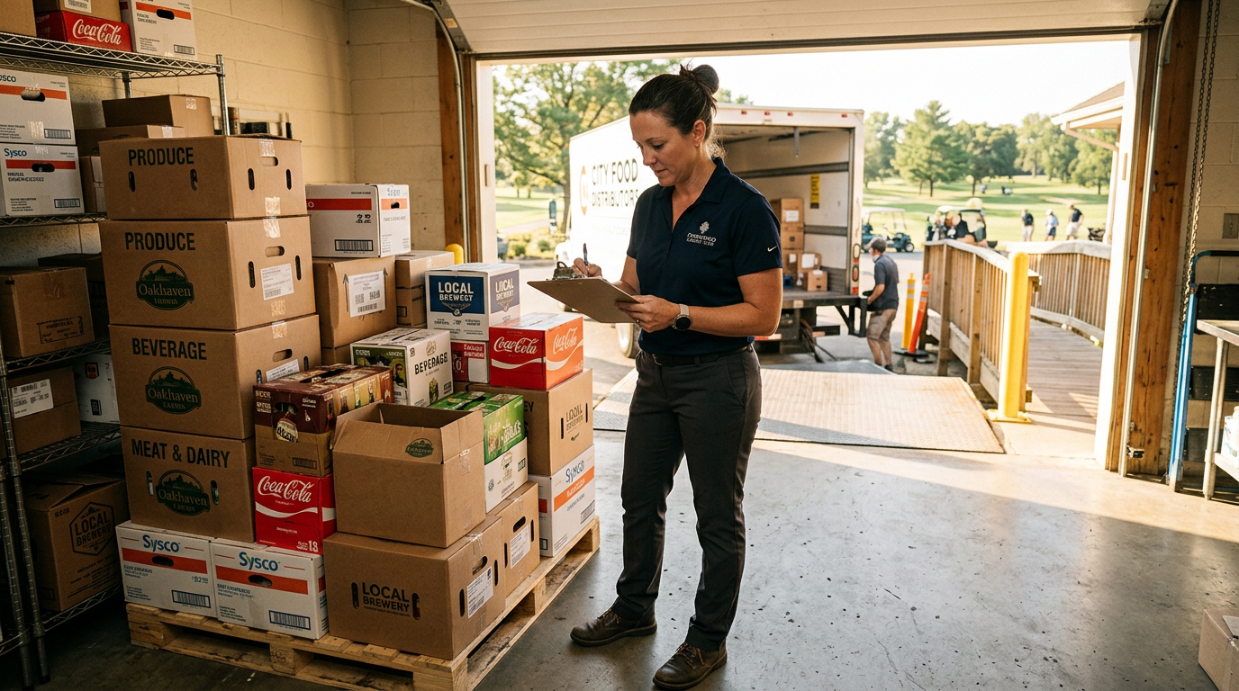 Golf club operations manager checking delivery at loading dock